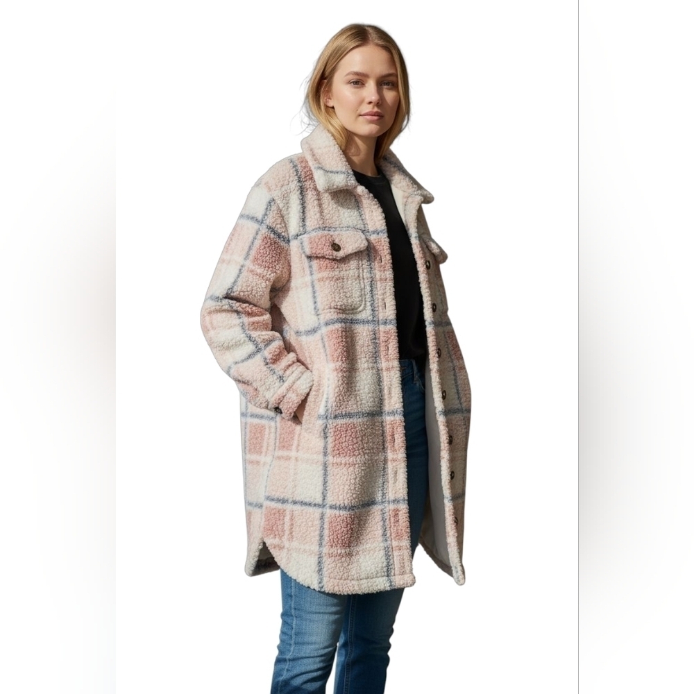 Blue B Collection Shacket Jacket Teddy Coat Pockets Midi Length Fleece